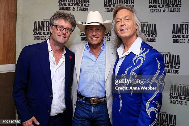 Americana Music Association Executive Director Jed Hilly, George Strait, and Jim Lauderdale backstage at the Americana Honors & Awards 2016 at Ryman...