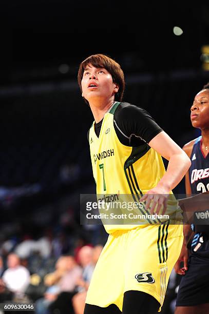 Ramu Tokashiki of the Seattle Storm boxes out against the Atlanta Dream during Round One of the 2016 WNBA Playoffs on September 21, 2016 at the Hank...