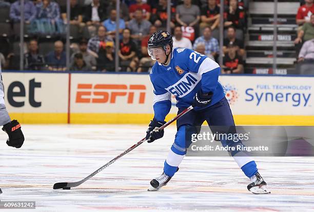Patrik Laine of Team Finland stickhandles the puck against Team Europe during the World Cup of Hockey 2016 at Air Canada Centre on September 18, 2016...