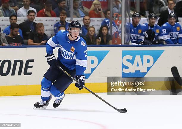 Olli Maatta of Team Finland stickhandles the puck against Team North America during the World Cup of Hockey 2016 at Air Canada Centre on September...