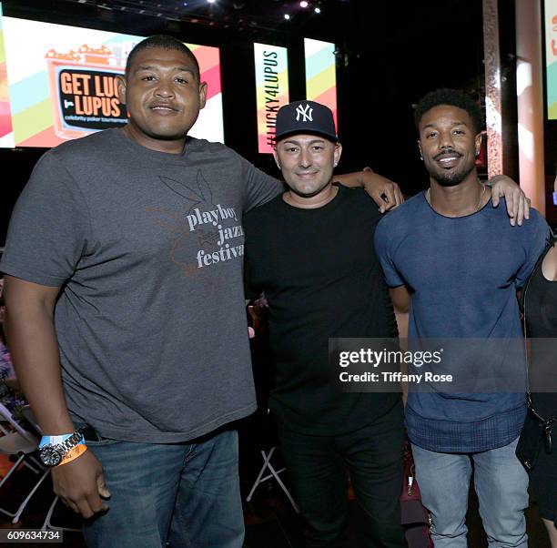 Actor Omar Benson, musician Dennis DeSantis and actor Michael B. Jordan attend the Get Lucky for Lupus LA Celebrity Poker Tournament at Avalon on...