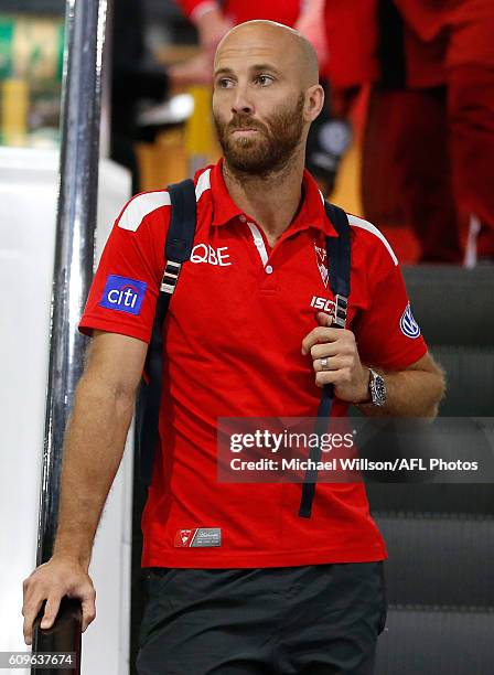 Jarrad McVeigh looks on during a Sydney Swans AFL press conference at the Melbourne Airport on September 22, 2016 in Melbourne, Australia.