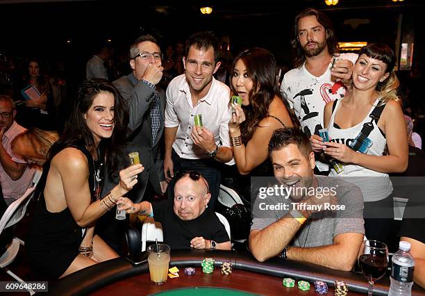 Poker player Tiffany Michelle, Lupus LA Chairman of the Board Adam Selkowitz, actor Verne Troyer, poker player Maria Ho and guests attend the Get...