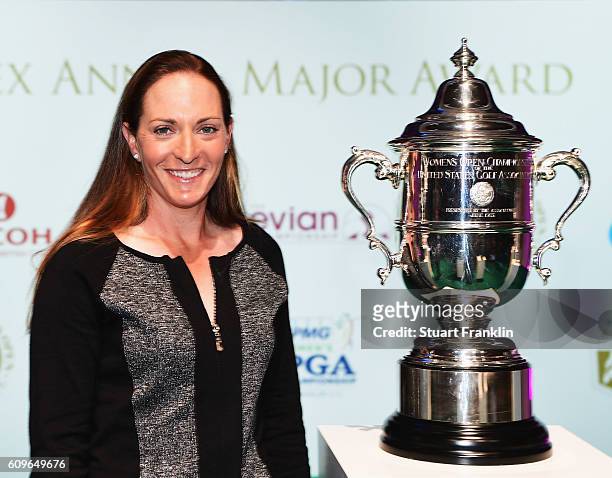Brittany Lang of USA with the Womens US Open trophy at the Rolex Annika Major Awards after the third round of The Evian Championship on September 17,...