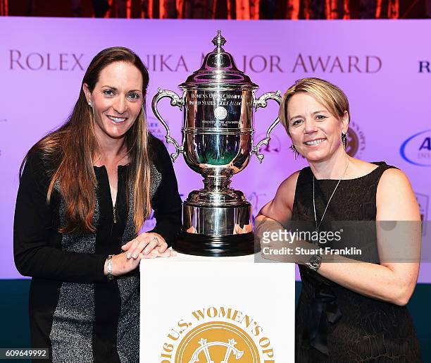 Brittany Lang of USA with Annika Sorenstam and the Womens US Open trophy at the Rolex Annika Major Awards after the third round of The Evian...