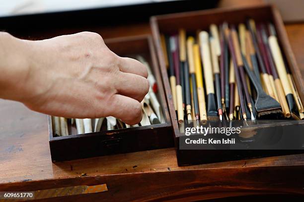The tools used for creating lacquerware are seen at the Mejiro Institute of Urushi Conservation on August 23, 2016 in Tokyo, Japan. Isetan Mitsukoshi...