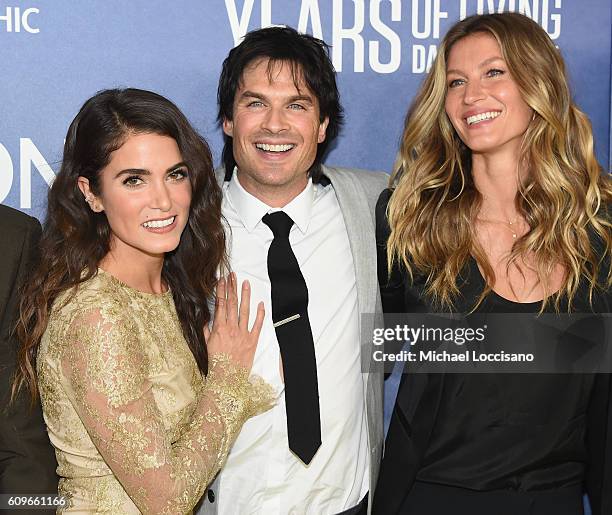 Actress Nikki Reed, her husband actor Ian Somerhalder and model Gisele Bundchen attend National Geographic's "Years Of Living Dangerously" new season...