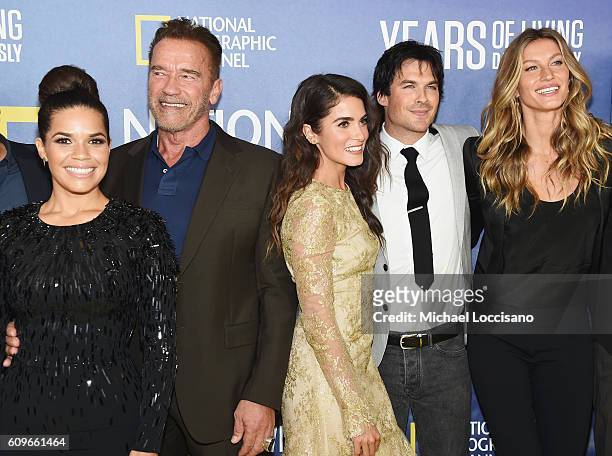Actors America Ferrera, Arnold Schwarzenegger, Nikki Reed and Ian Somerhalder, and model Gisele Bundchen attend National Geographic's "Years Of...