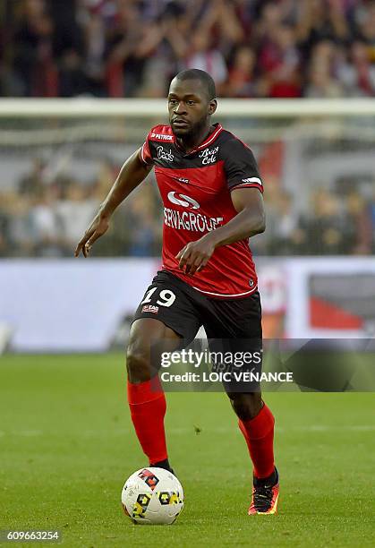 Guingamp's French midfielder Yannis Salibur controls the ball during the French L1 football match Guingamp vs Lorient, at the Roudourou stadium in...