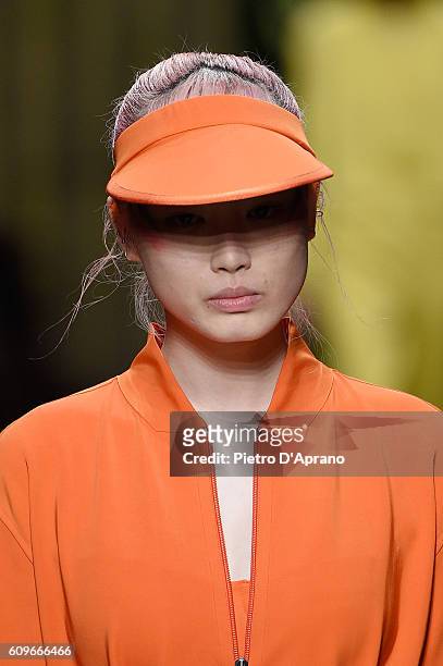 Model, beauty runway detail, walks the runway at the Max Mara show during Milan Fashion Week Spring/Summer 2017 on September 22, 2016 in Milan, Italy.