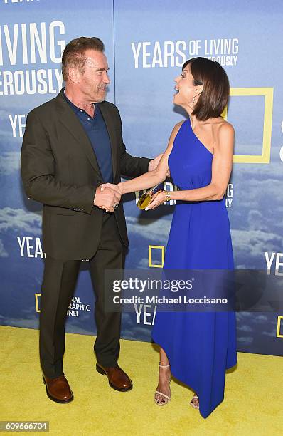 Actor Arnold Schwarzenegger and TV personality Bethenny Frankel attend National Geographic's "Years Of Living Dangerously" new season world premiere...