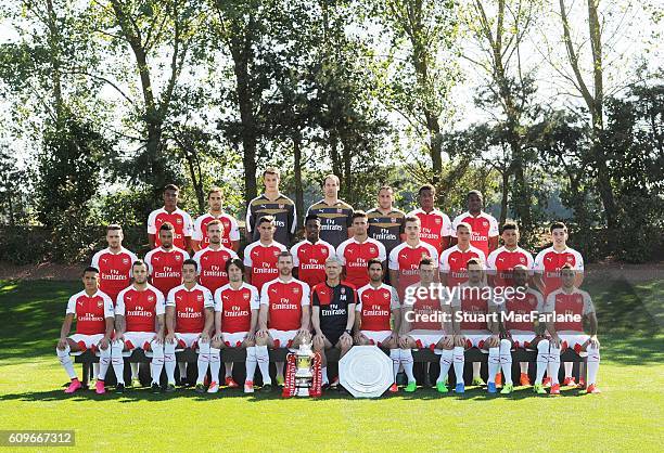 Arsenal FC Squad for season 2015/16. Back row Jeff Reine-Adelaide; Mathieu Flamini; Matt Macey; Petr Cech; David Ospina; Alex Iwobi; Joel Campbell;...