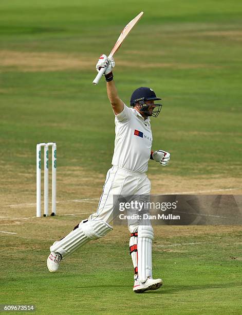 Tim Bresnan of Yorkshire celebrates reaching his century during day three of the Specsavers County Championship Division One match between Middlesex...