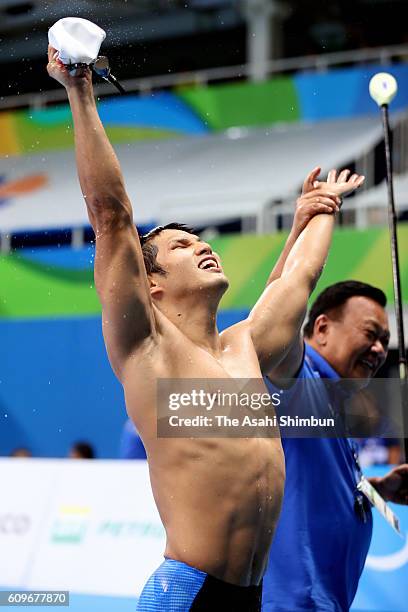 Keiichi Kimura of Japan celebrates winning the silver medal in the Men's 50m Freestyle - S11 Final duirng day 5 of the 2016 Rio Paralympic Games at...