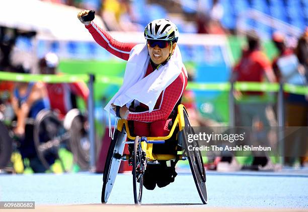 Tomoki Sato of Japan celebrates winning the silver medal in the Men's 400m - T52 Final on day 6 of the 2016 Rio Paralympic Games at the Olympic...