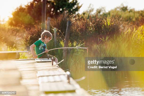 boy in nature - fishing rod stock-fotos und bilder