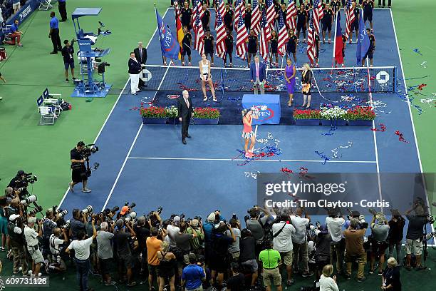 Open - Day 13 A general view of Angelique Kerber of Germany with the trophy after her win against Karolina Pliskova of the Czech Republic in the...