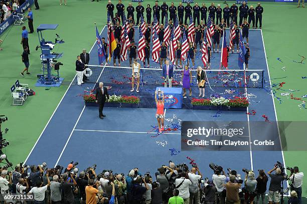 Open - Day 13 A general view of Angelique Kerber of Germany with the trophy after her win against Karolina Pliskova of the Czech Republic in the...