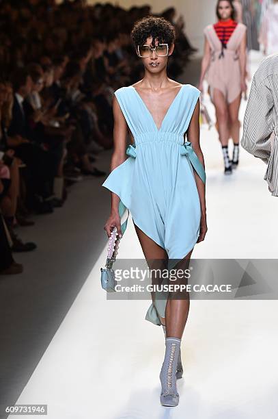 Model presents a creation for fashion house Fendi during the 2017 Women's Spring / Summer collections shows at Milan Fashion Week on September 22,...