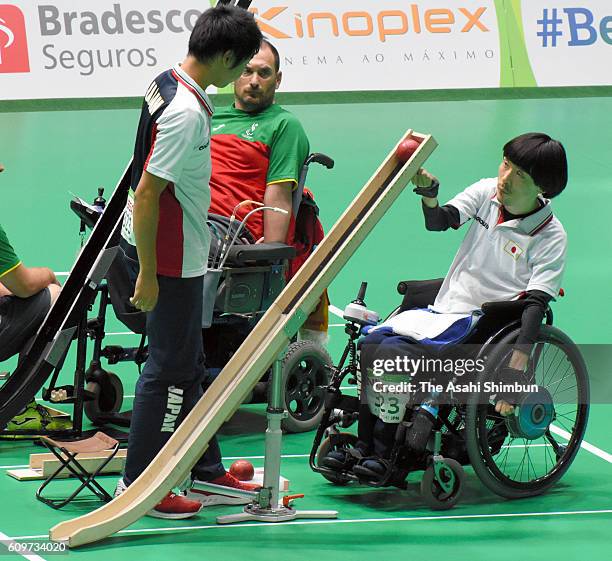 Kazuki Takahashi of Japan competes in the Bocchia Mixed Individual - BC3 Pool G match against Mario Peixoto of Portugal on day 6 of the 2016 Rio...