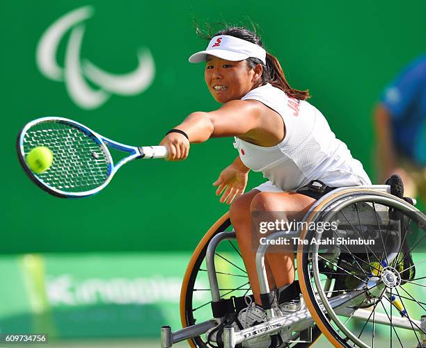 Yui Kamiji of Japan plays a backhand in the Women's Singles semifinal match against Aniek van Koot of the Netherlands on day 6 of the 2016 Rio...