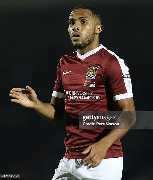 Kenji Gorre of Northampton Town in action during the EFL Cup Third Round match between Northampton Town and Mancester United at Sixfields Stadium on...