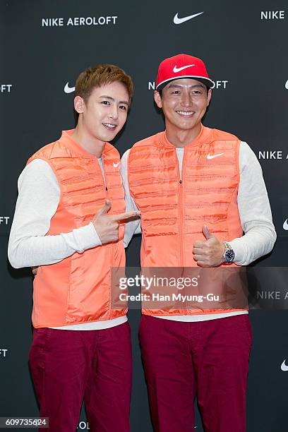 Nichkhun of boy band 2PM and South Korean actor Lee Jung-Jin attend the "NIKE Golf Aeroloft" Pop Up Store Launch Photocall on September 22, 2016 in...