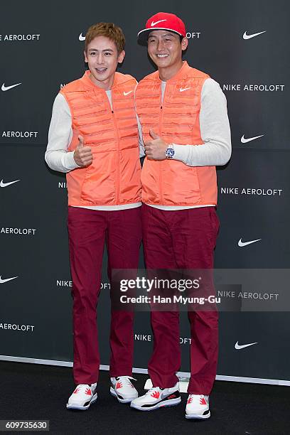 Nichkhun of boy band 2PM and South Korean actor Lee Jung-Jin attend the "NIKE Golf Aeroloft" Pop Up Store Launch Photocall on September 22, 2016 in...