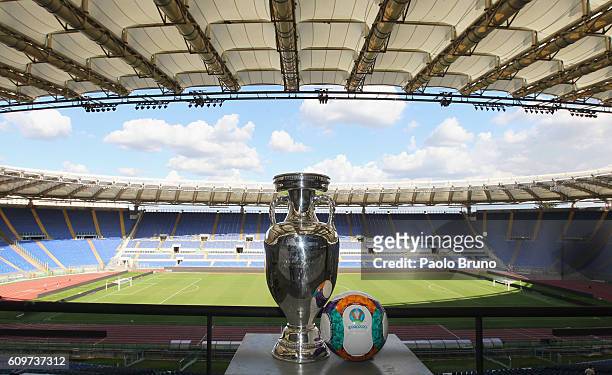 General view of UEFA Euro Trophy in the Stadio Olimpico during the UEFA Euro Roma 2020 Official Logo unveiling at Palazzo delle Armi on September 22,...