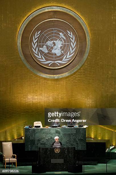 President of Iran Hassan Rouhani addresses the United Nations General Assembly at UN headquarters, September 22, 2016 in New York City. According to...