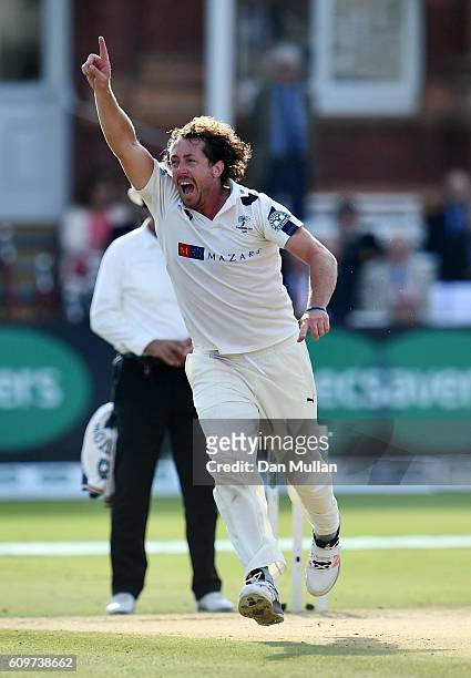 Ryan Sidebottom of Yorkshire celebrates taking the wicket of Sam Robson of Middlesex during day three of the Specsavers County Championship Division...