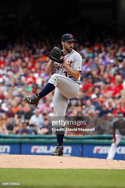 Justin Verlander of the Detroit Tigers pitches against the Cleveland Indians in the first inning at Progressive Field on September 17, 2016 in...