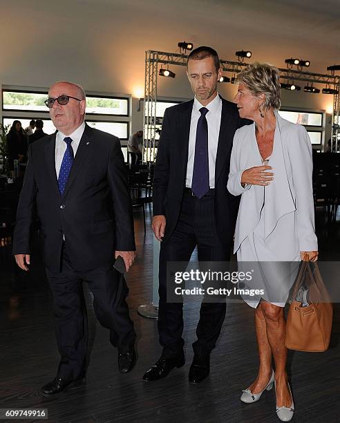 President Aleksander Ceferin speaks to FIGC President Carlo Tavecchio and UEFA female member on the FIFA Council Evelina Christillin during UEFA Euro...