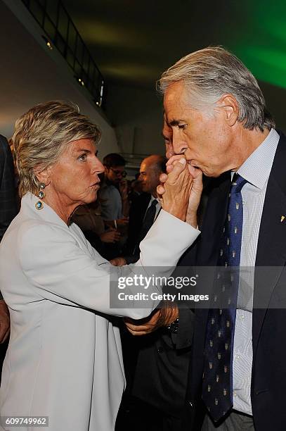 President of Italian Olympic Committee Giovanni Malago cheers UEFA female member on the FIFA Council Evelina Christillin during UEFA Euro Roma 2020...