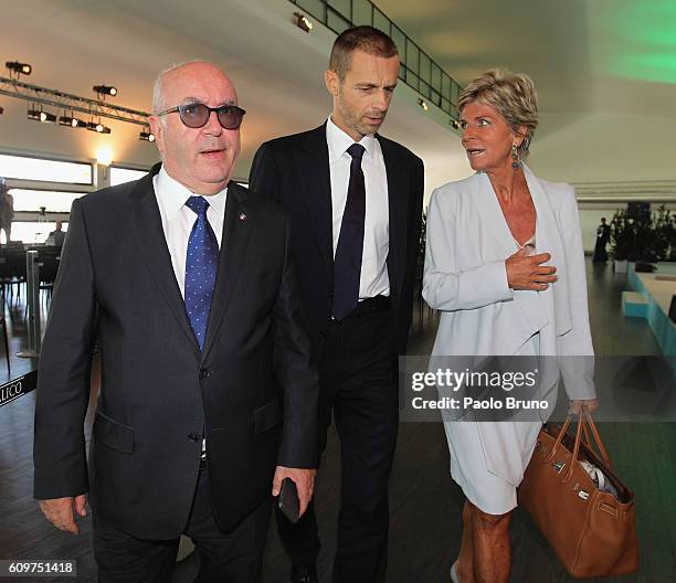 President Carlo Tavecchio, UEFA President Aleksander Ceferin and Evelina Christillin council member FIFA during the UEFA Euro Roma 2020 Official Logo...