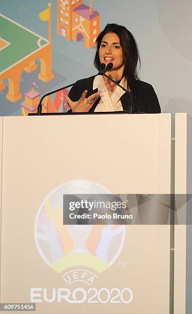 Roma Mayor Virginia Raggi attends the UEFA Euro Roma 2020 Official Logo unveiling at Palazzo delle Armi on September 22, 2016 in Rome, Italy.