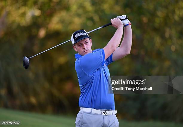 Luke Roberts of Keighley Golf Club plays his first shot on the 1st tee during the Lombard Trophy Final Day One at Pestana Vila Sol Golf Resort on...