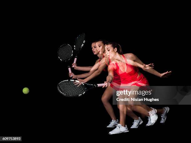 multiple action shot of woman playing tennis - multiple exposure sport stock pictures, royalty-free photos & images