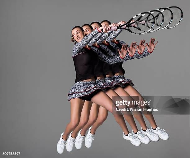 multiple of woman playing tennis hitting forhand - ripetizione foto e immagini stock