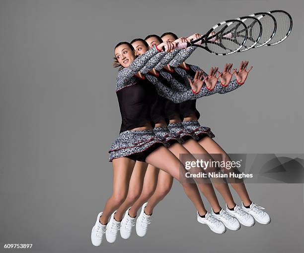 multiple of woman playing tennis hitting forhand - 同等 ストックフォトと画像