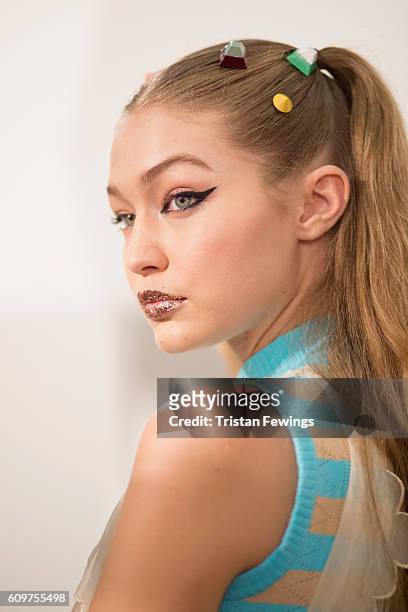 Model Gigi Hadid is seen backstage ahead of the Fendi show during Milan Fashion Week Spring/Summer 2017 on September 22, 2016 in Milan, Italy.