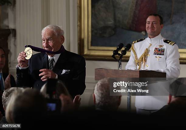 Comedian Mel Brooks is presented with the National Medal of Arts during an East Room ceremony at the White House September 22, 2016 in Washington,...