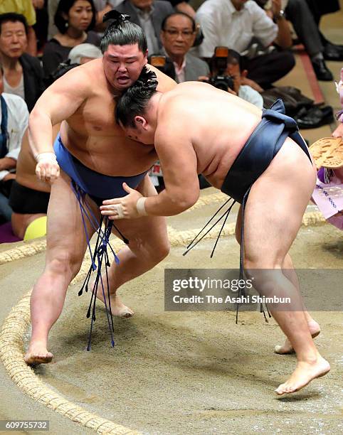 Mongolian yokozuna Kakuryu pushes Shodai out of the ring to win during day four of the Grand Sumo Autumn Tournament at Ryogoku Kokugikan on September...