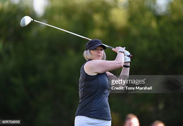 Sally Baxter of Witney Lakes Golf Club plays her first shot on the 1st tee during the Lombard Trophy Final Day One at Pestana Vila Sol Golf Resort on...
