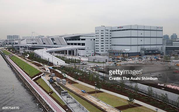 The Toyosu market, buildings for stores of seafood intermediate wholesalers, seafood auctions, and fruit and vegetables are seen on September 14,...