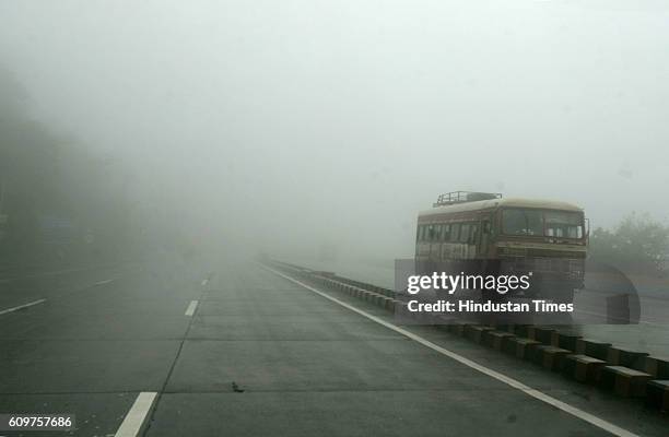 Fog - Monsoon Rain - State Transport - S.T. Bus - Visibility on the Mumbai - Pune express highway went extremely poor as rains continued to lash the...