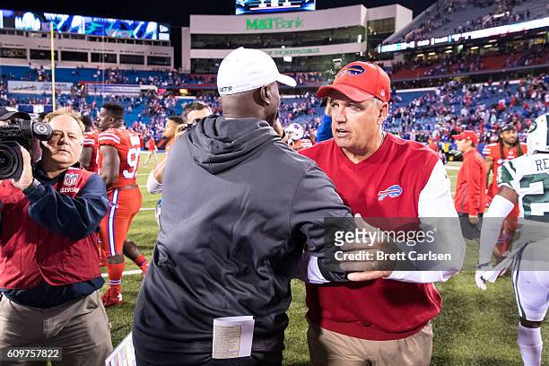 Head coach Todd Bowles of the New York Jets shakes hands with Head coach Rex Ryan of the Buffalo Bills after the game on September 15, 2016 at New...