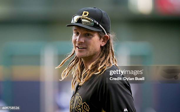 John Jaso of the Pittsburgh Pirates warms up before the game against the Milwaukee Brewers at Miller Park on September 20, 2016 in Milwaukee,...