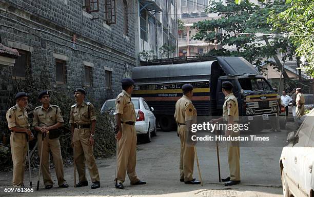 Forters alike security at CP office where Ajmal Kasab is kept in Mumbai on Thursday.