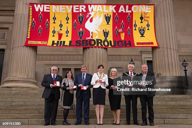 Trevor Hick, Margaret Aspinall, Kenny Dalglish, Lord Mayor Roz Gladden, Marina Dalglish, Lord Mayors Consort Roy Gladden and Professor Phil Scraton...